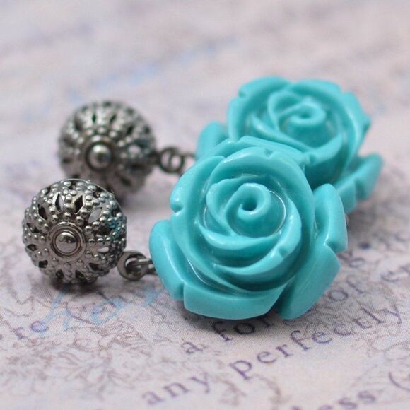 Turquoise Rose Silver Filigree Post Earrings - Picture 1 of 5